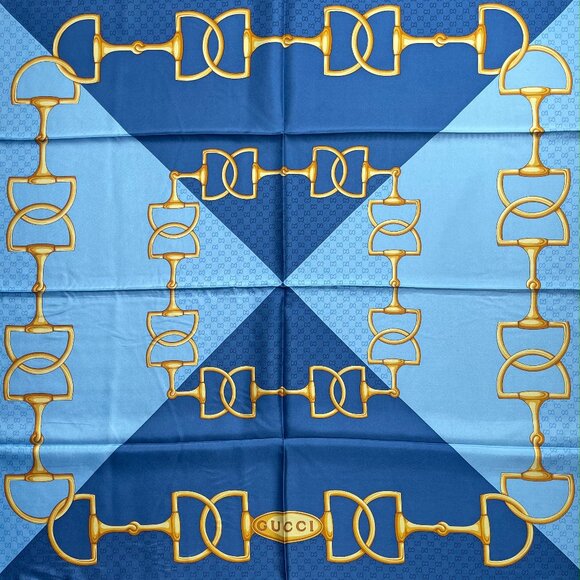 Display # 1 Gucci Scarf Logo Horsebit Chains Double Blue Large Silk Wrap - Picture 9 of 16
